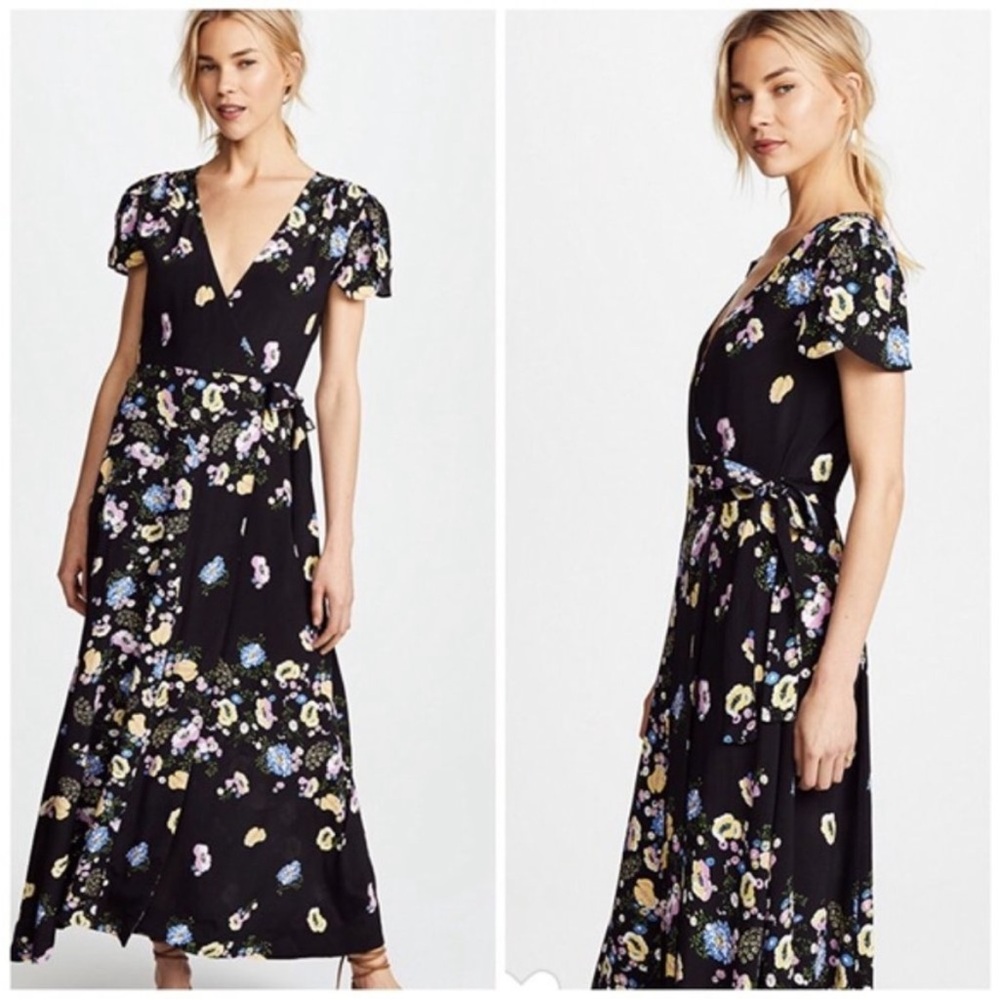 Free People Black Floral Low V Neck Maxi Wrap Dress